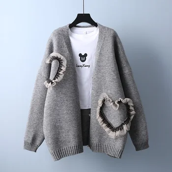 2021 noi dantela dragoste inima pulover lung cardigan jacheta de sex feminin coreeană versiunea pierde v-gât cu mâneci lungi din tricotaj de sus