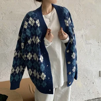 Deeptown Stil coreean Argyle Carouri Tricotate Cardigan Pulover Femei Supradimensionat V-neck Jumper Toamna Pieptul Singur Jachete Femei